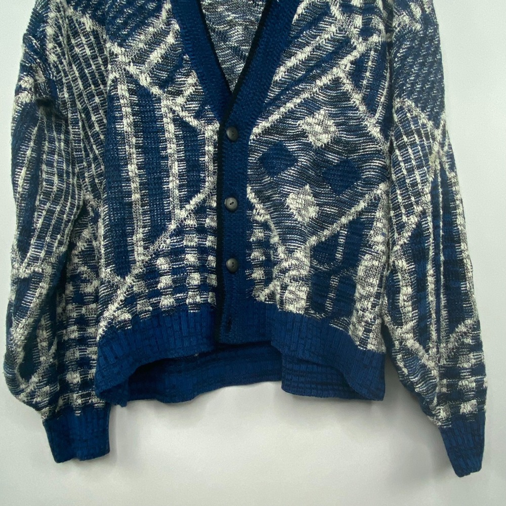 VTG AMERICAN CRUSADER Knit Cardigan Sweater Men's L Blue White Patchwork Grandpa - Picture 3 of 12
